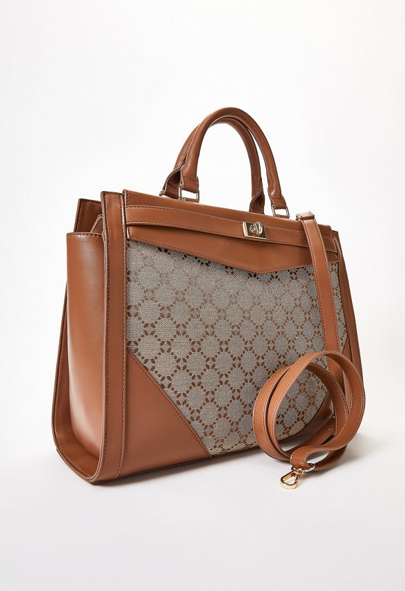 Turn Lock Top Handle Satchel Brown Logo