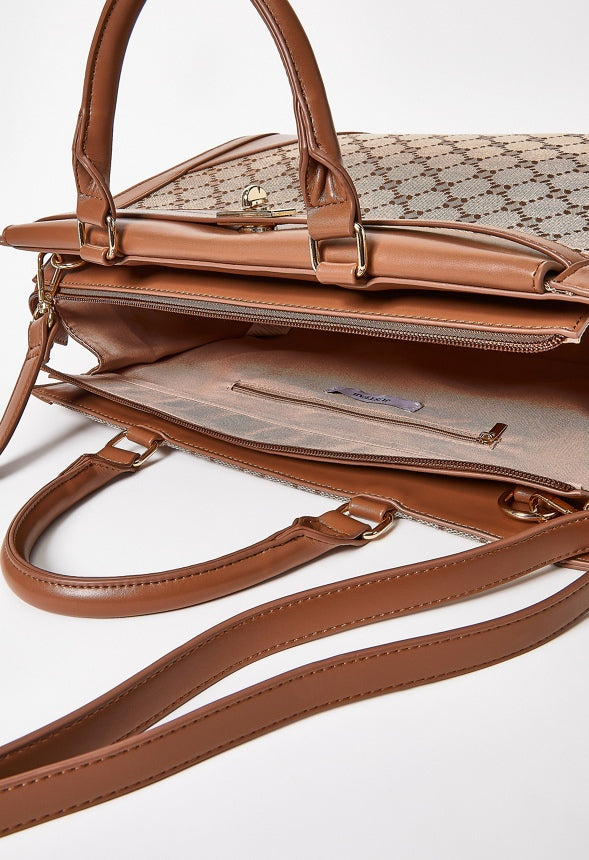 Turn Lock Top Handle Satchel Brown Logo
