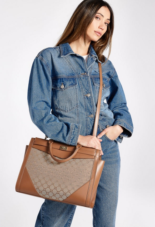 Turn Lock Top Handle Satchel Brown Logo