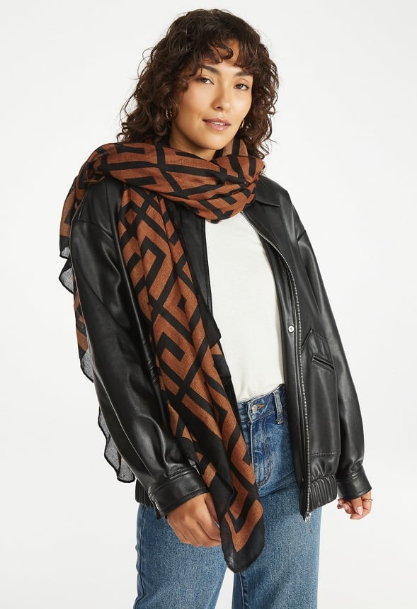 Jade Geometric Interlocking Large Woven Scarf Coffee/ Black