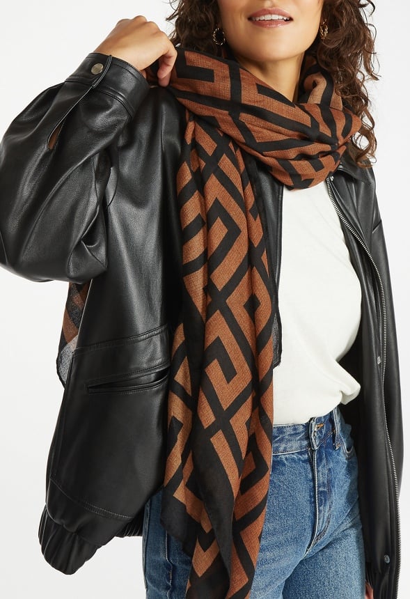 Jade Geometric Interlocking Large Woven Scarf Coffee/ Black