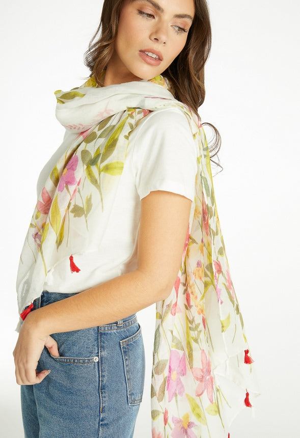 Via Multi Color Flower Print Long Woven Scarf Multi Mix/ Fabric