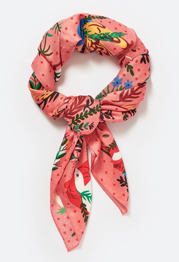 Eli Multicolor Birds Print Silk Like Scarf Orange Mix/ Fabric