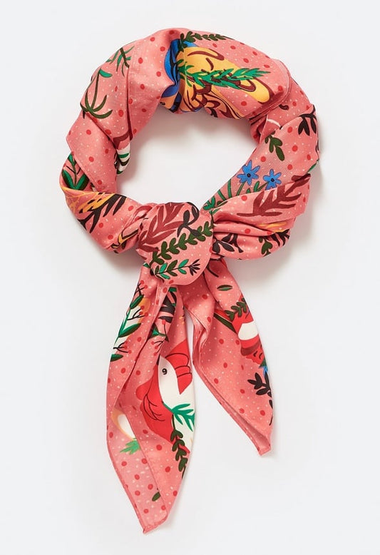 Eli Multicolor Birds Print Silk Like Scarf Orange Mix/ Fabric