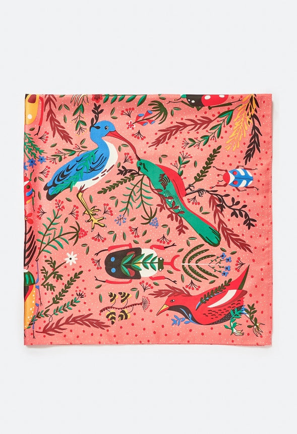 Eli Multicolor Birds Print Silk Like Scarf Orange Mix/ Fabric