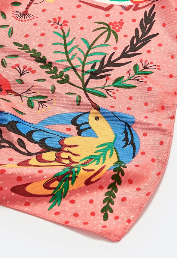 Eli Multicolor Birds Print Silk Like Scarf Orange Mix/ Fabric