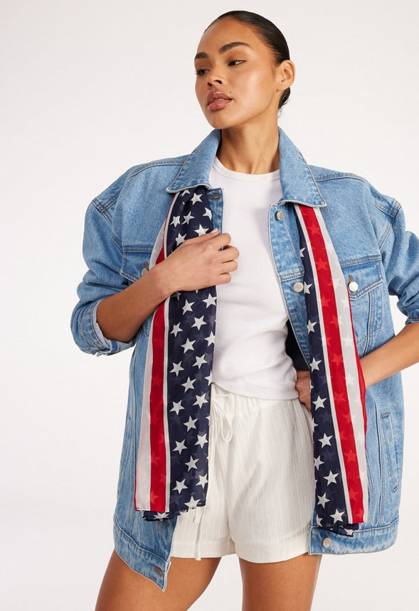 Hira 4th Of July Long Woven Fabric Scarf Red/ Blue Mix