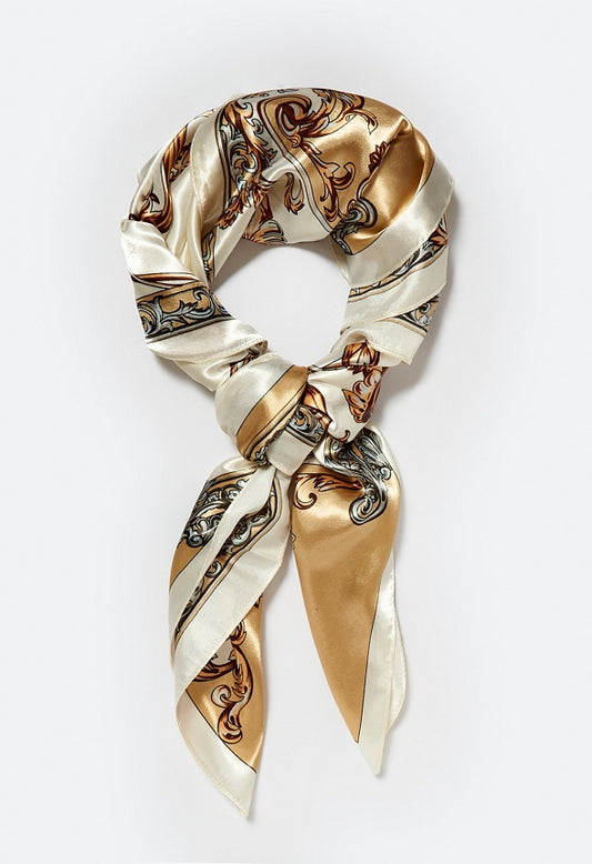 Lena Cream And Gold Mixed Print Silk Like Scarf Cream Mix/ Fabric