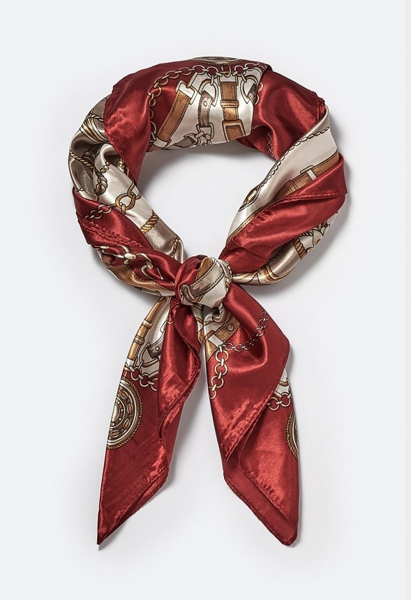Ruby Mixed Chain Print Silk Like Scarf With Red Border Red Mix Fabric