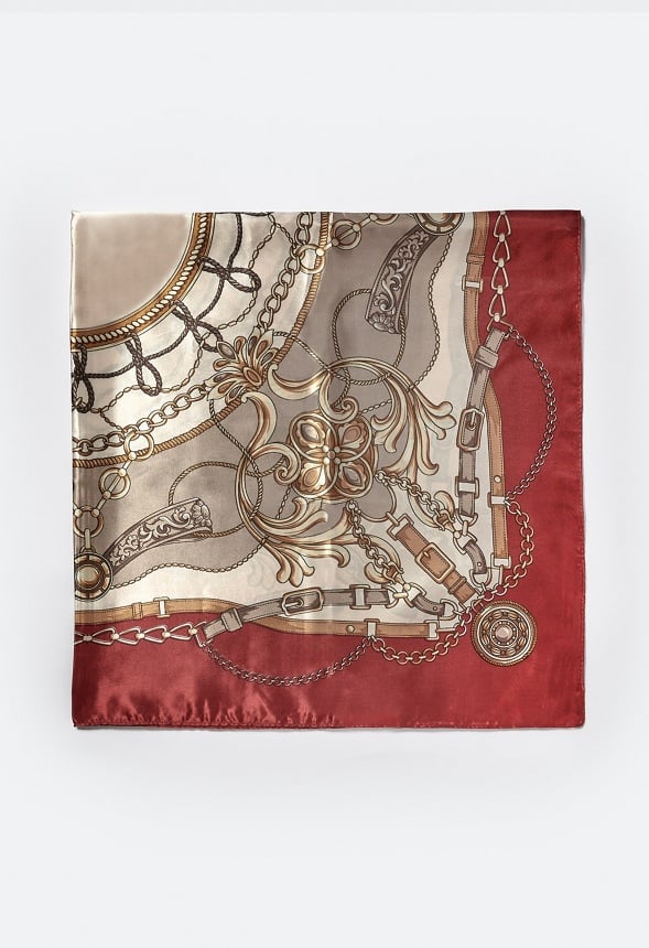 Ruby Mixed Chain Print Silk Like Scarf With Red Border Red Mix Fabric