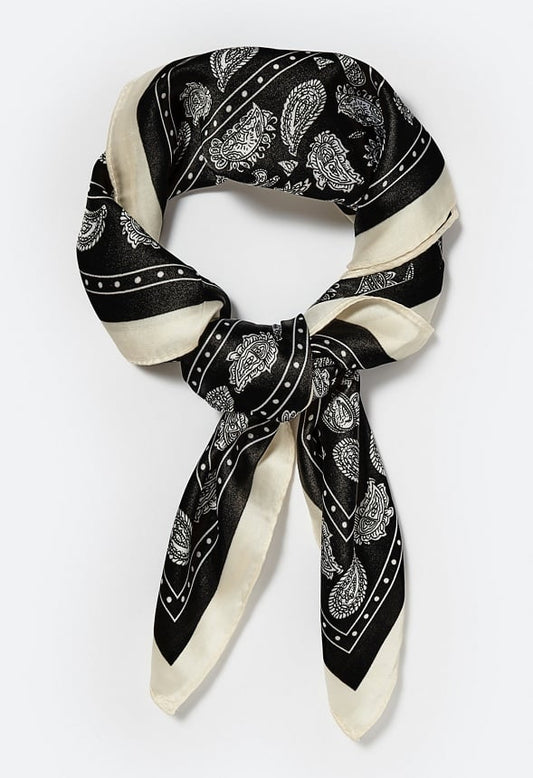 Tia Paisley Print Silk Like Scarf With Cream Border Black/ White Mix/ Fabric