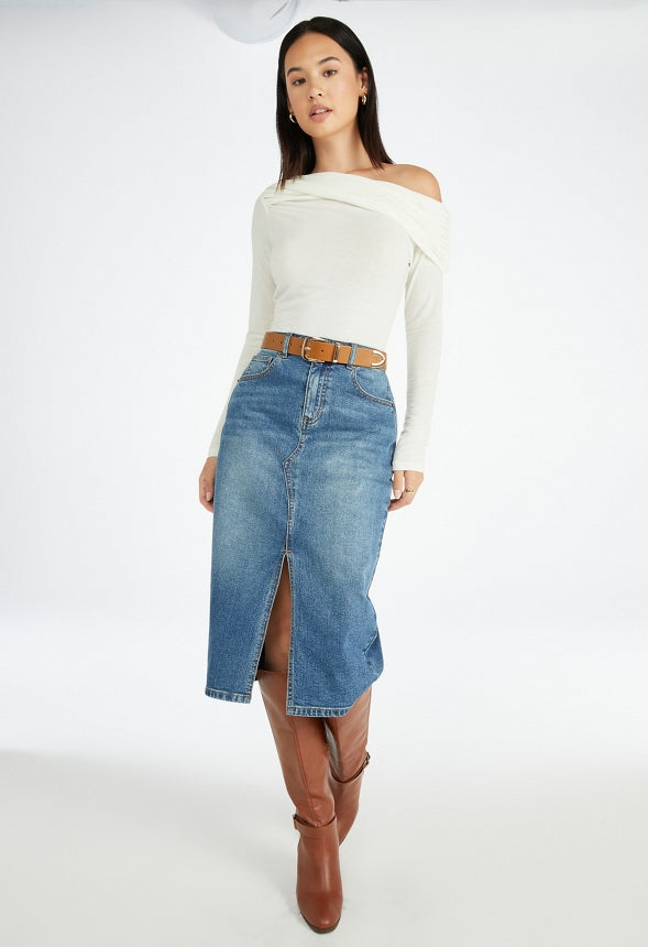 Evan Denim Midi Skirt Frequency