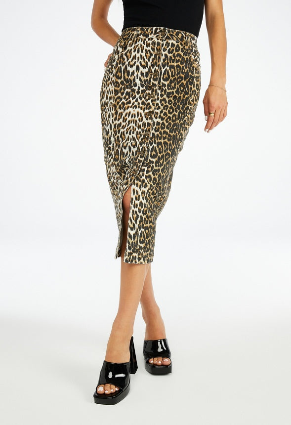 Jordan Button Front Denim Midi Skirt Leopard Multi