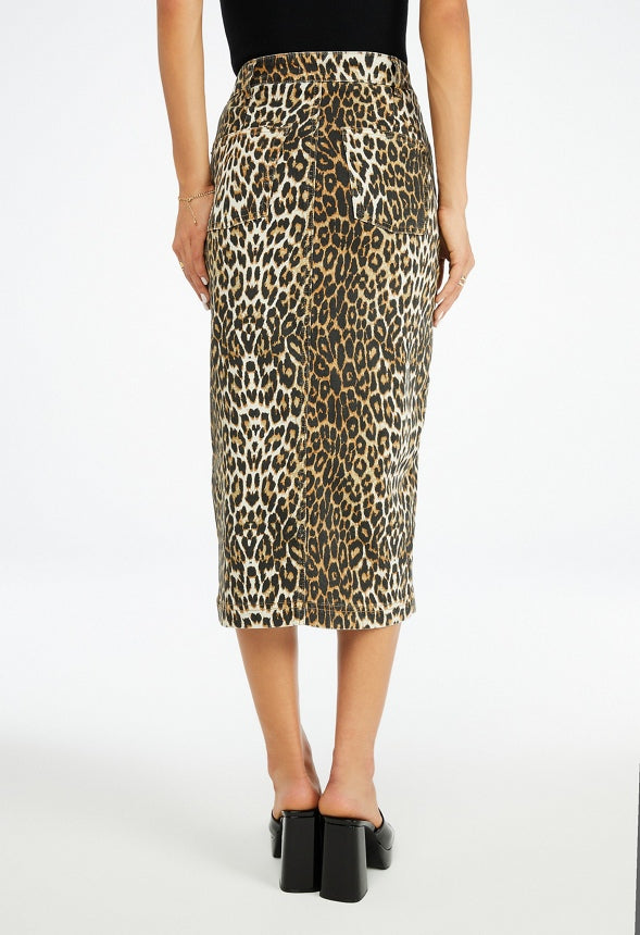 Jordan Button Front Denim Midi Skirt Leopard Multi