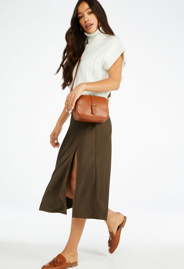 Charmeuse Slip Midi Skirt Brown