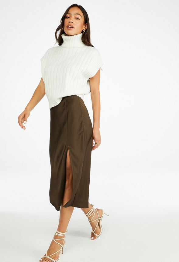 Charmeuse Slip Midi Skirt Brown