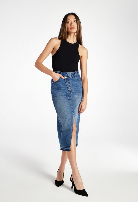 Chandler Crossover Denim Midi Skirt Sphere