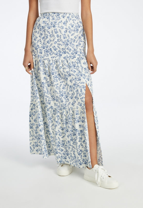 Tiered Maxi Skirt Rustic Floral Blue Heron