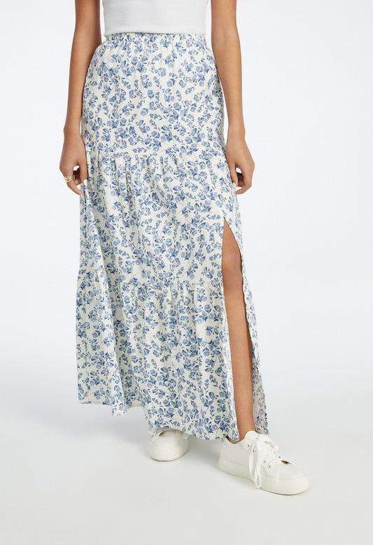 Tiered Maxi Skirt Rustic Floral Blue Heron