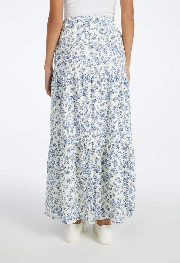 Tiered Maxi Skirt Rustic Floral Blue Heron