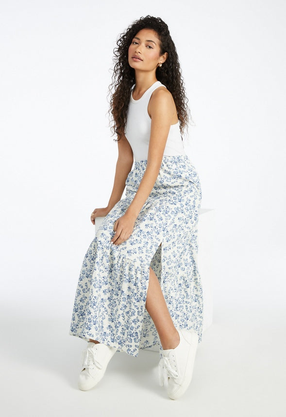 Tiered Maxi Skirt Rustic Floral Blue Heron