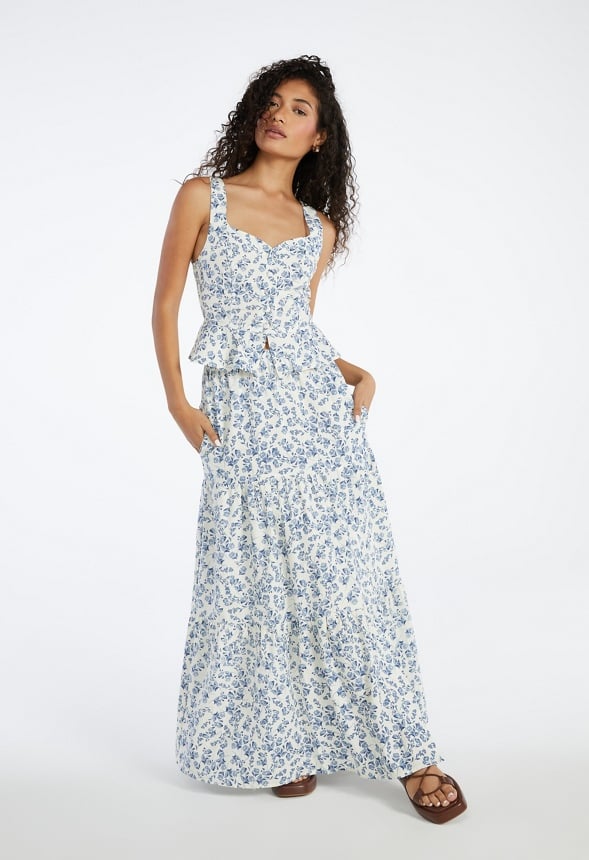 Tiered Maxi Skirt Rustic Floral Blue Heron