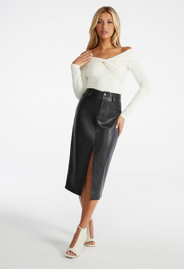 Faux Leather Midi Skirt Black Caviar