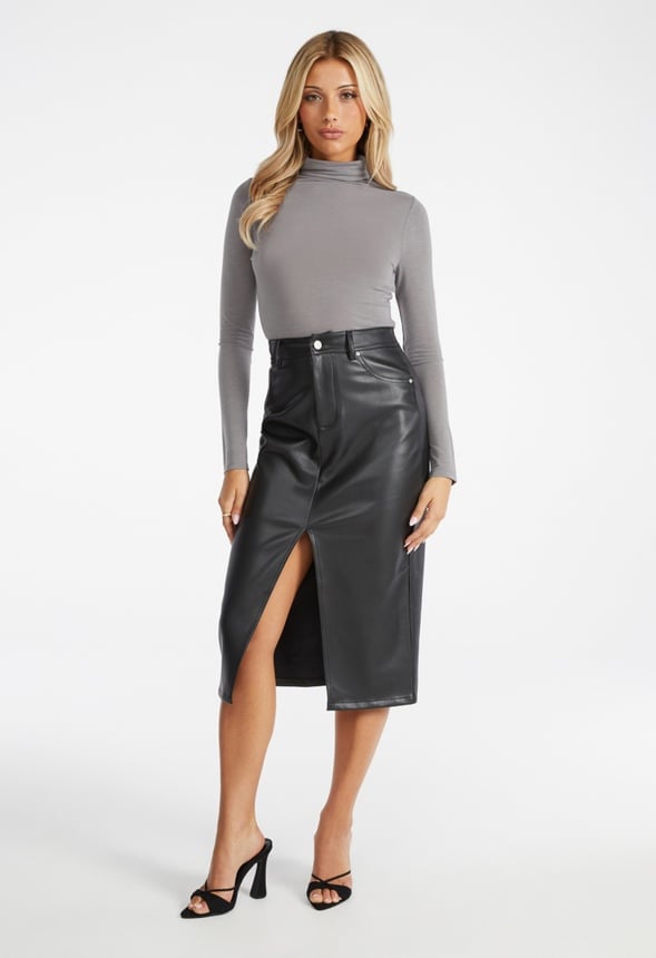 Faux Leather Midi Skirt Black Caviar