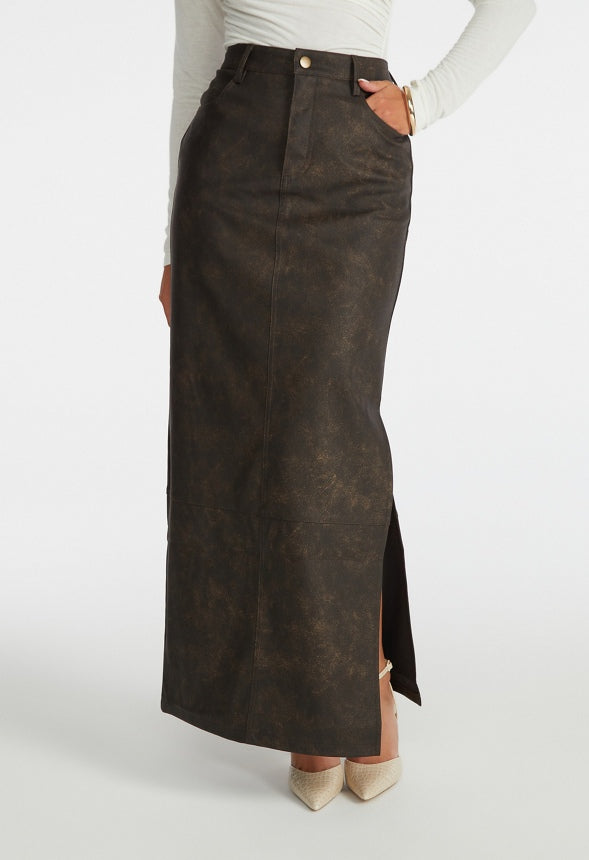 Faux Leather Maxi Skirt Distressed Brown