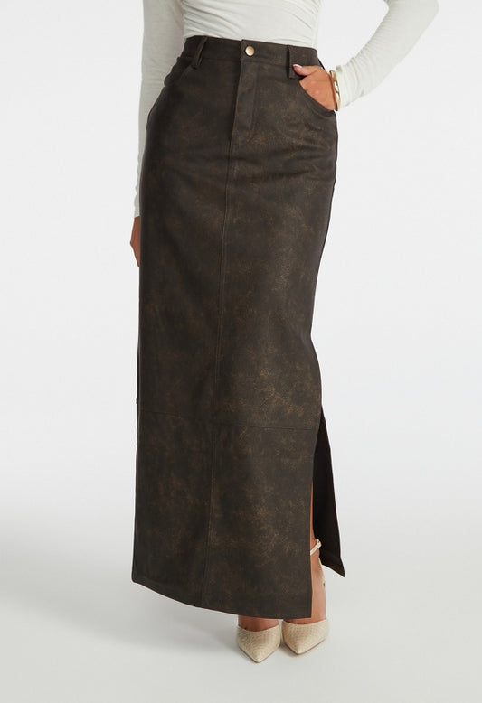 Faux Leather Maxi Skirt Distressed Brown