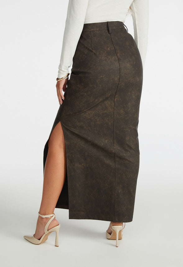 Faux Leather Maxi Skirt Distressed Brown