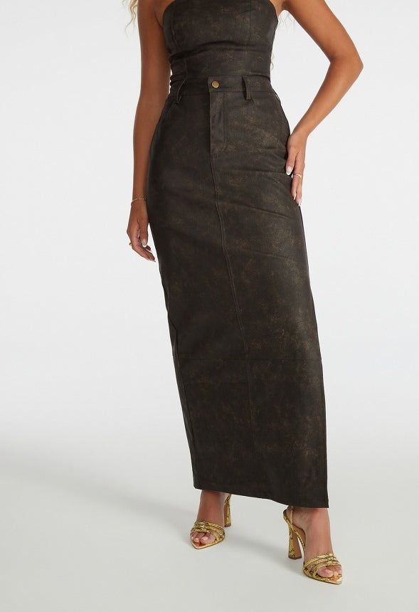 Faux Leather Maxi Skirt Distressed Brown