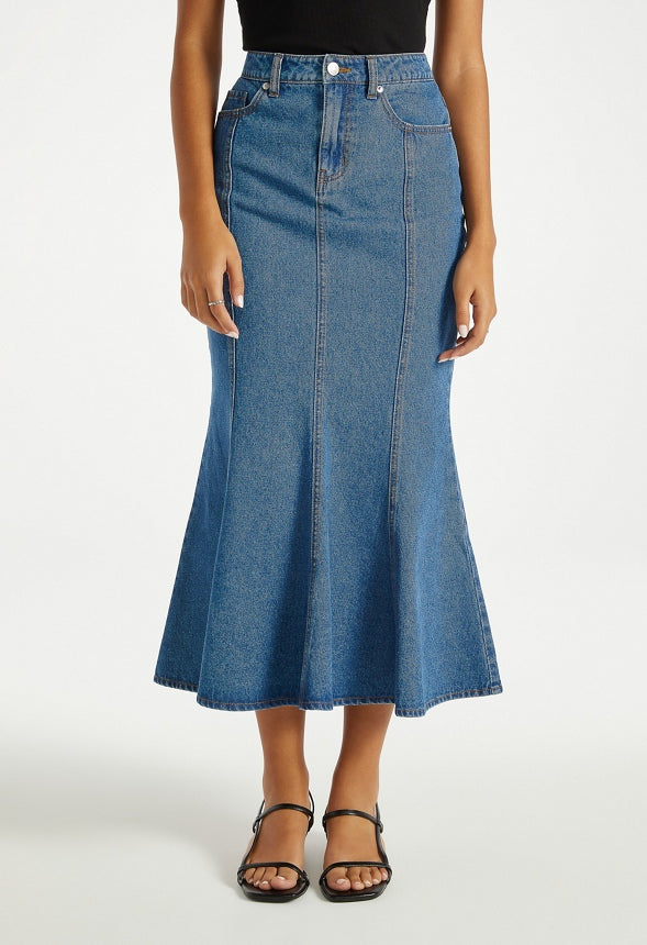 Denim Paneled Flare Skirt Andrea Wash