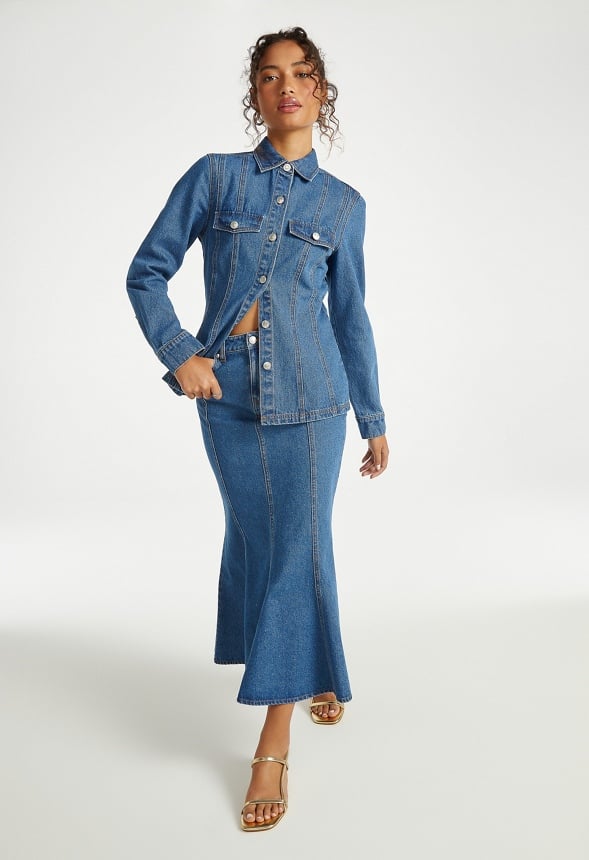 Denim Paneled Flare Skirt Andrea Wash