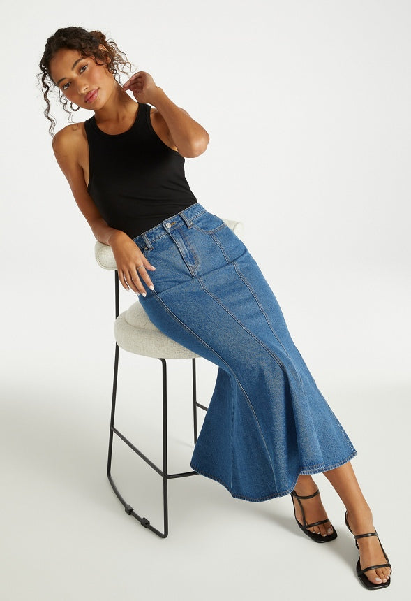 Denim Paneled Flare Skirt Andrea Wash