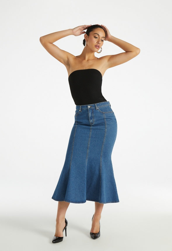Denim Paneled Flare Skirt Andrea Wash