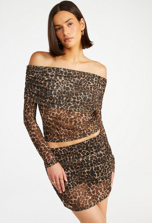 Mesh Ruched Mini Skirt Leopard Print