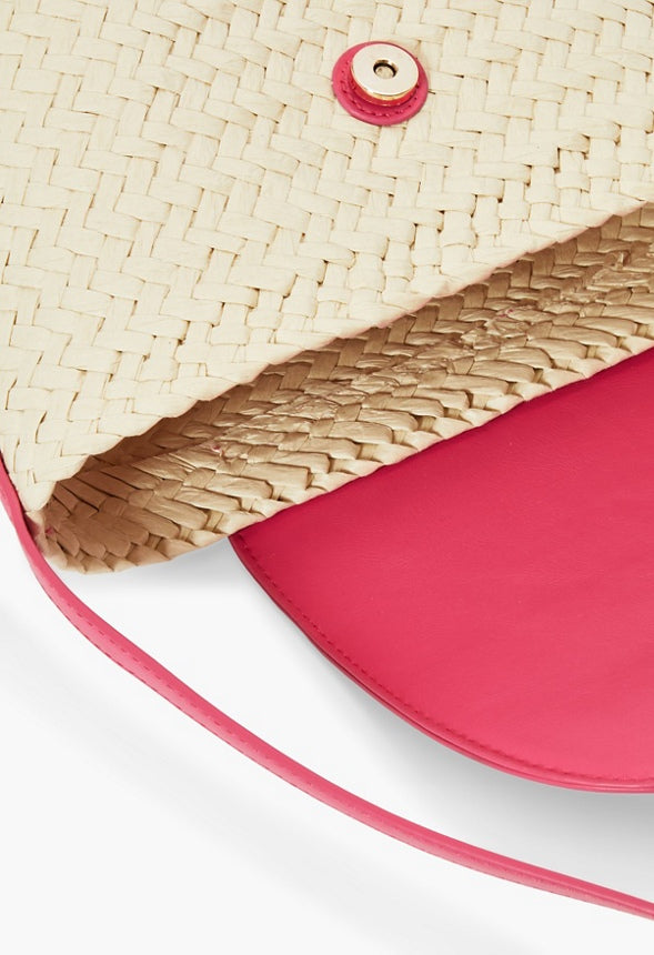 RAFFIA FLAPOVER SHOULDER BAG Natural/Fuchsia