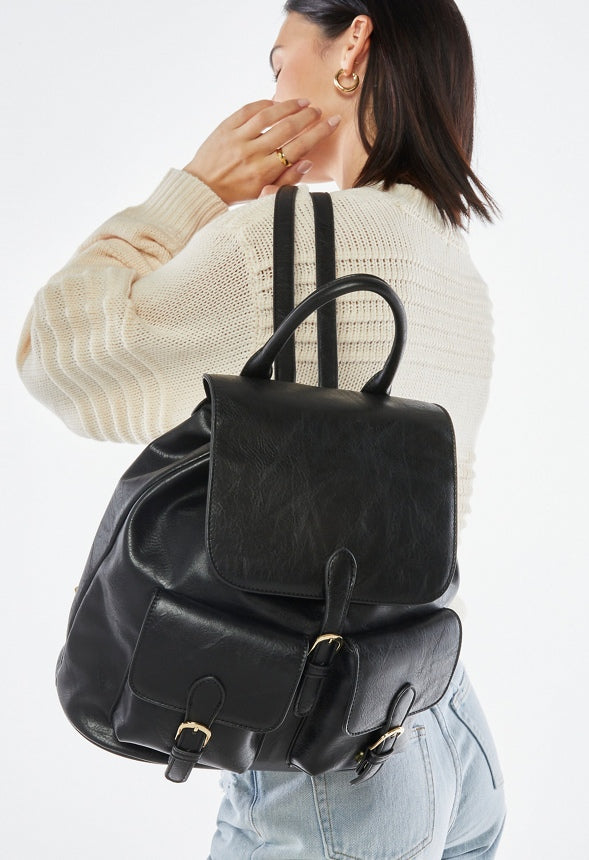 Flap Backpack With Buckles Black