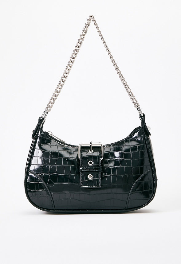 Shoulder Bag with Buckle Flap Black Croc
