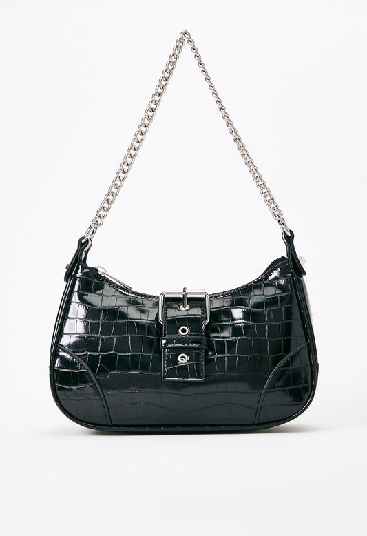 Shoulder Bag with Buckle Flap Black Croc