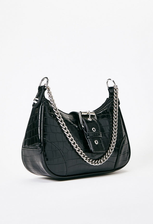 Shoulder Bag with Buckle Flap Black Croc