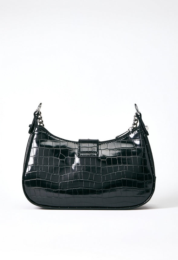 Shoulder Bag with Buckle Flap Black Croc