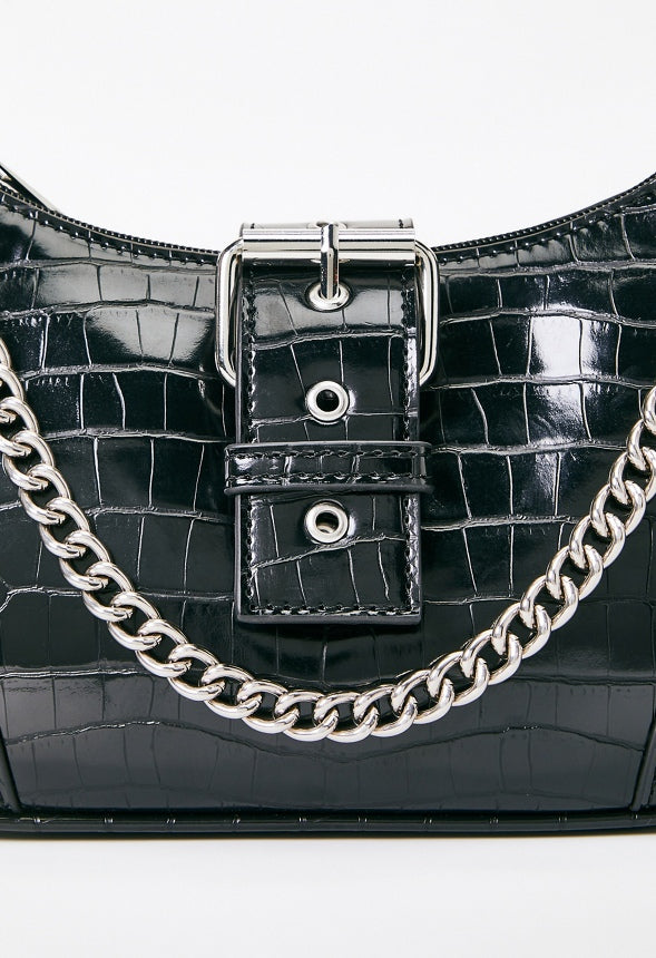 Shoulder Bag with Buckle Flap Black Croc