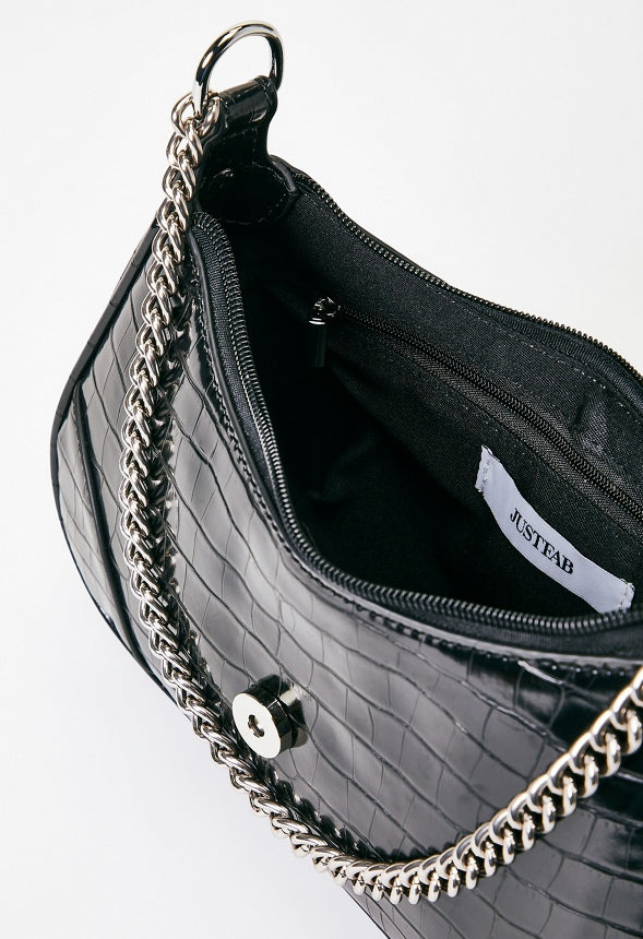 Shoulder Bag with Buckle Flap Black Croc