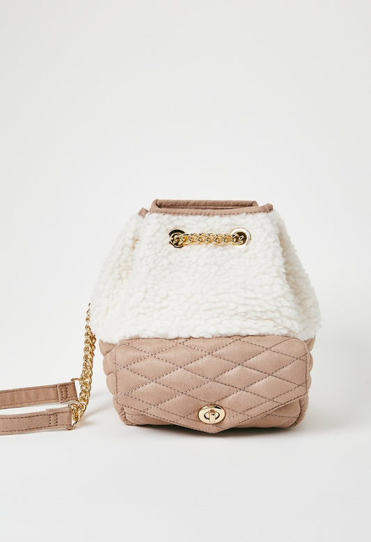 Chain Drawstring Shoulder Bag with Front Pocket Natural/ Taupe