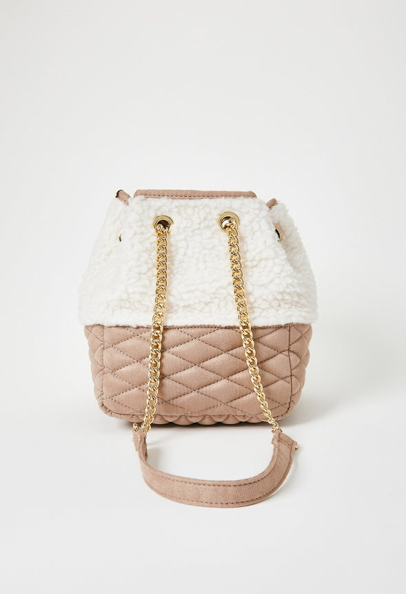 Chain Drawstring Shoulder Bag with Front Pocket Natural/ Taupe