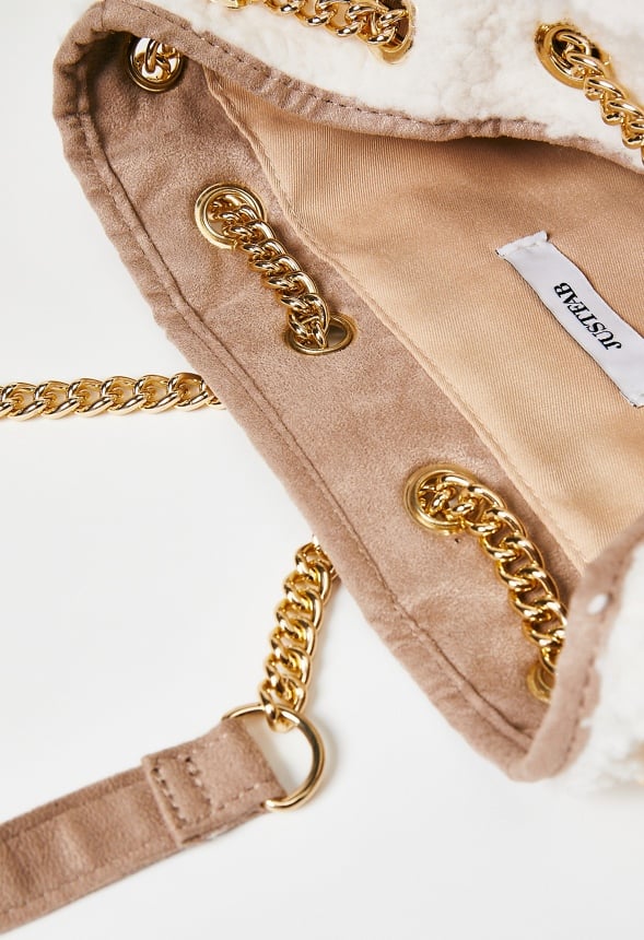 Chain Drawstring Shoulder Bag with Front Pocket Natural/ Taupe