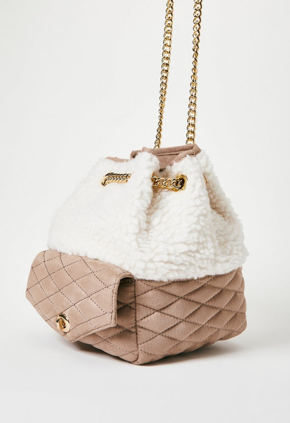 Chain Drawstring Shoulder Bag with Front Pocket Natural/ Taupe