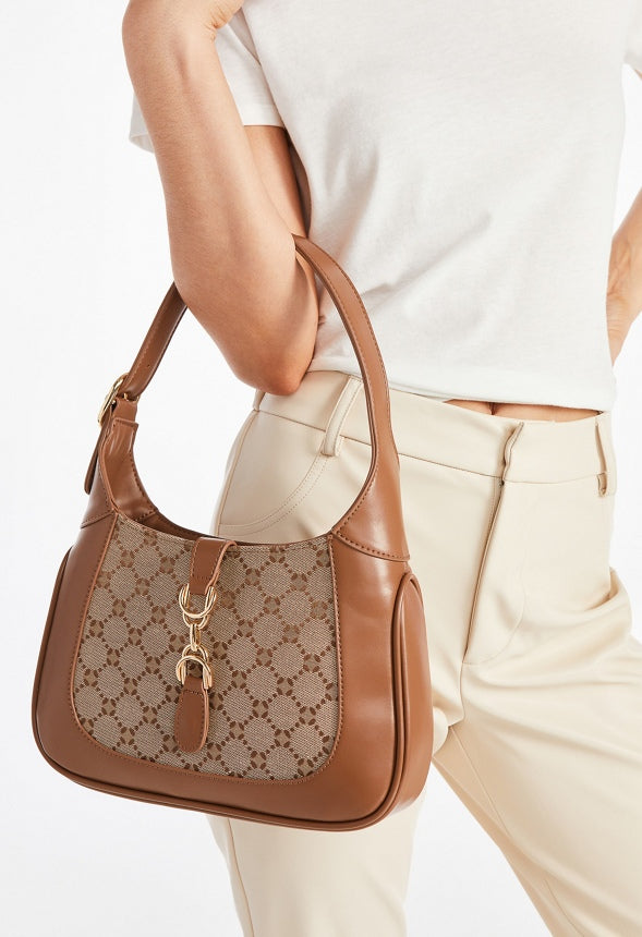 Metal Ornament Shoulder Bag Brown Logo